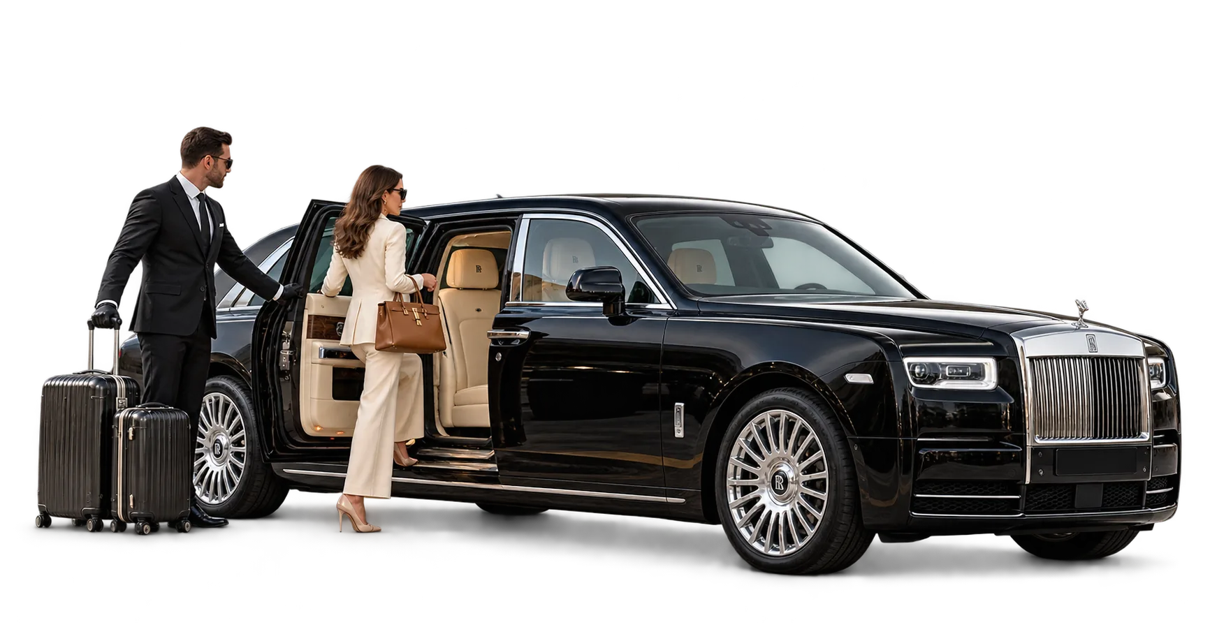 Chauffeur with luggage holding the rear door of a Rolls Royce Phantom open for a traveller