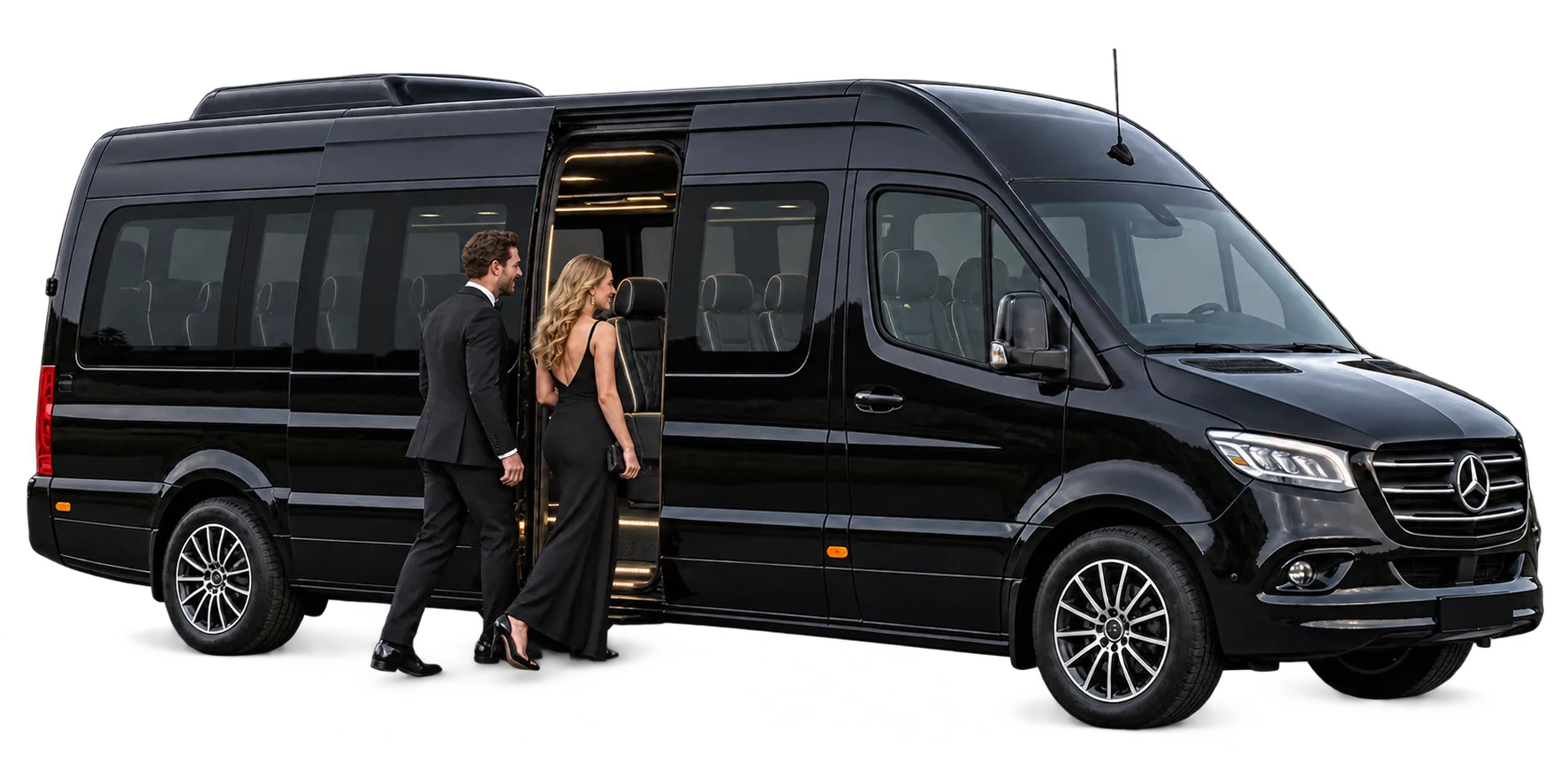 Couple in evening wear boarding a black Mercedes Sprinter through its sliding door