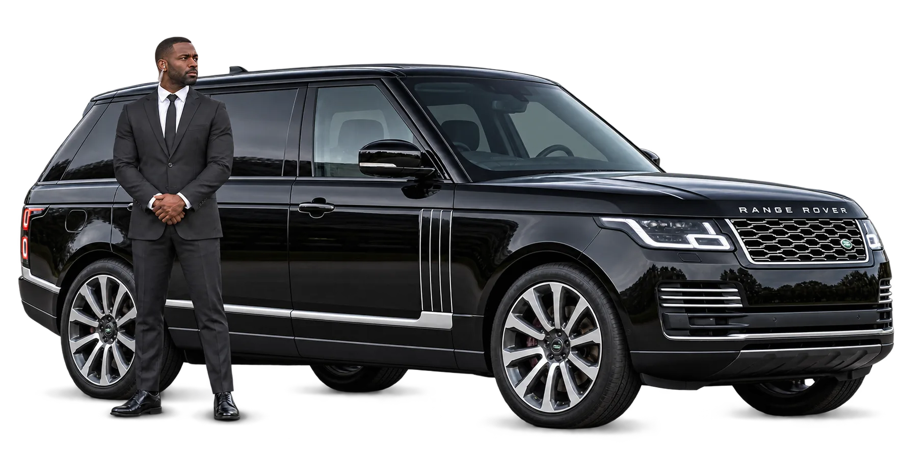 Close protection officer with an earpiece standing beside a black Range Rover